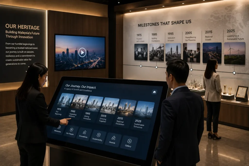 Interactive touchscreen in a modern museum presenting digital historical content and multimedia exhibits.