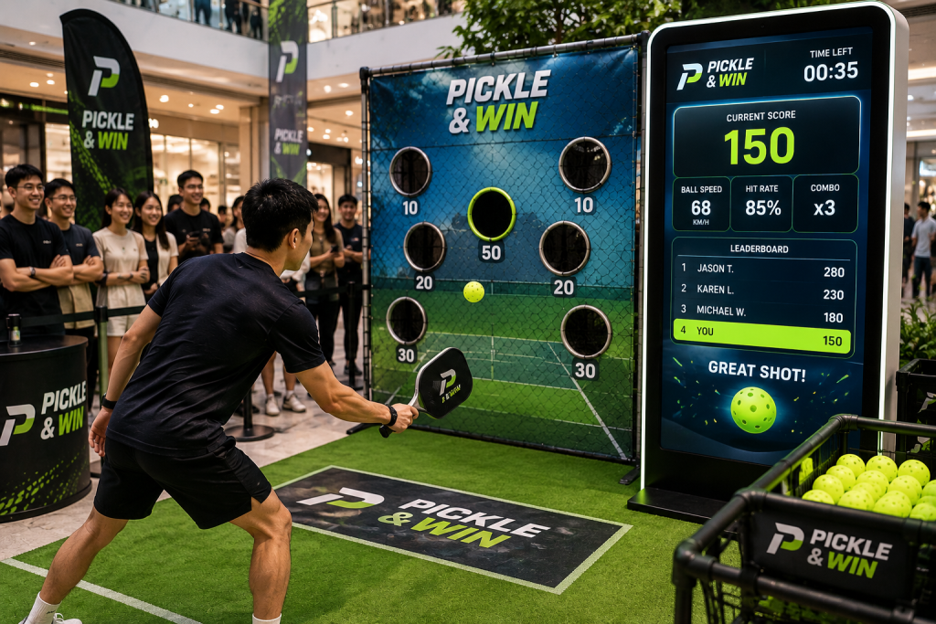 Player hitting a pickleball at a branded target while a digital scoreboard displays scores during a Pickle & Win event activation in Malaysia.