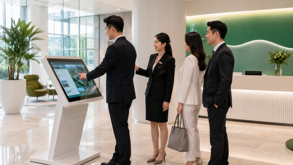Interactive touchscreen kiosk helping visitors navigate a Malaysian corporate building.