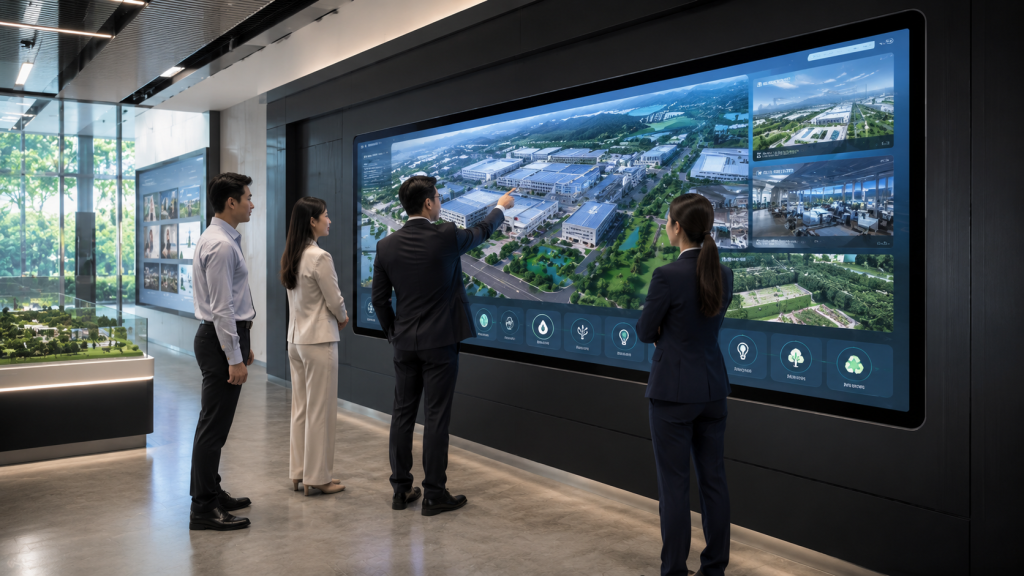 Visitors exploring a factory through an interactive touchscreen wall.