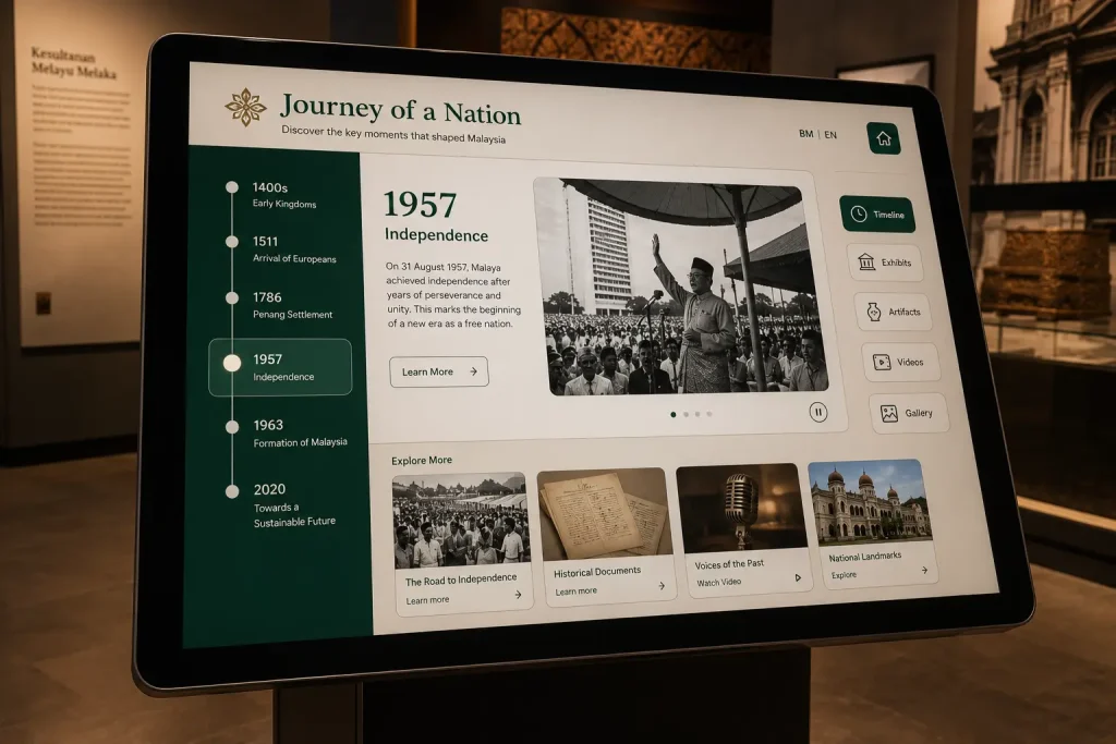 Close-up of an interactive museum touchscreen showing a digital historical timeline.