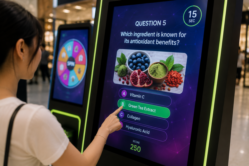 Interactive games for events with touchscreen kiosks, quiz games, spin wheel, memory games and interactive vending machines in Malaysia.