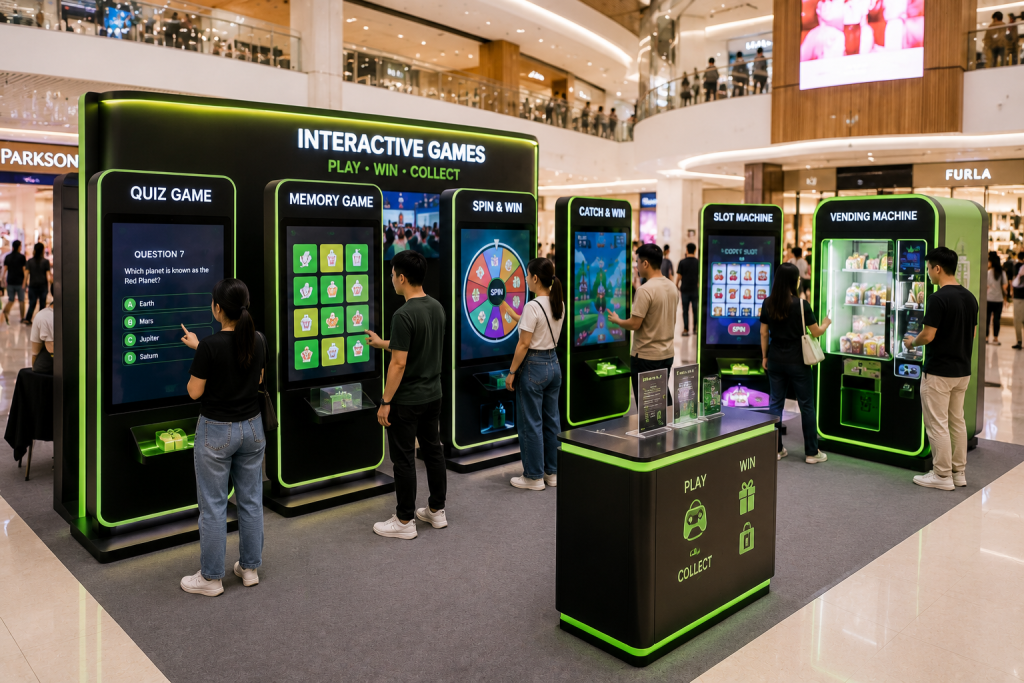Interactive games for events with touchscreen kiosks, quiz games, spin wheel, memory games and interactive vending machines in Malaysia.