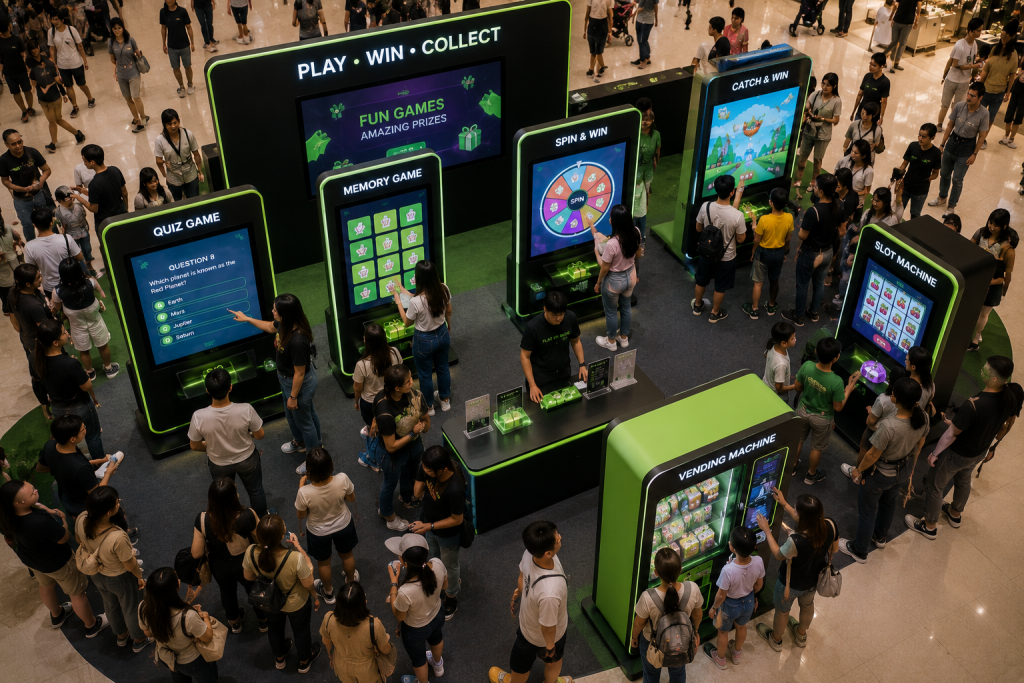 Interactive games for events with touchscreen kiosks, quiz games, spin wheel, memory games and interactive vending machines in Malaysia.