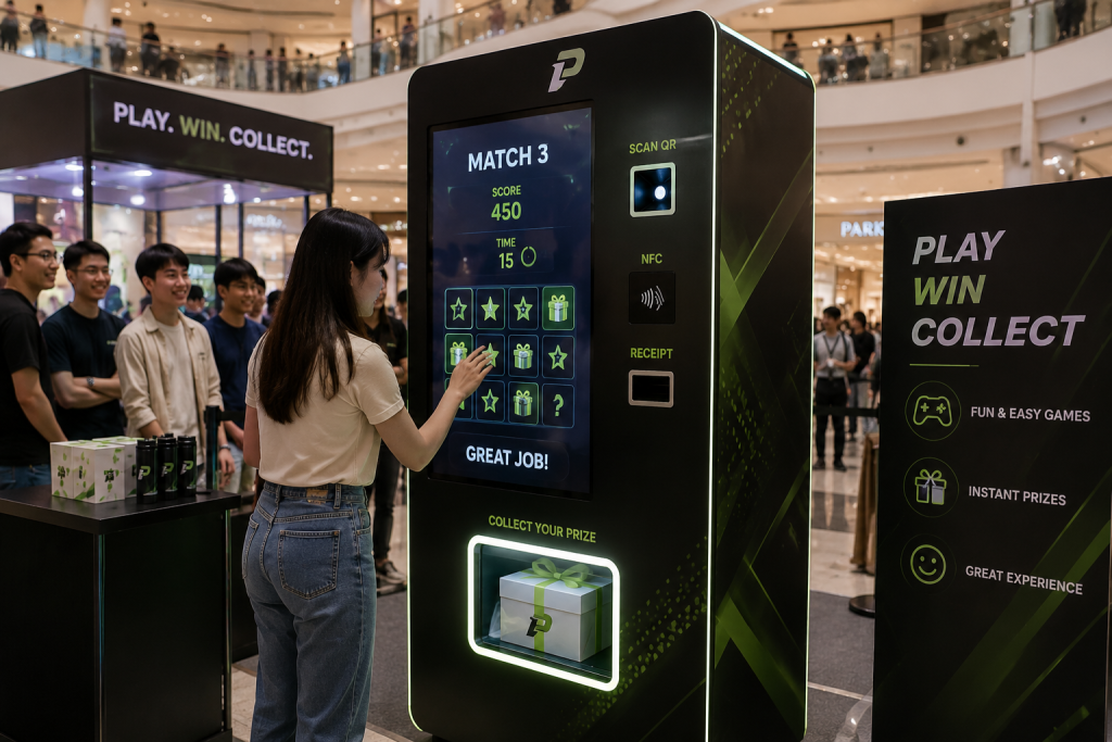 Interactive vending machine game kiosk dispensing a prize during a shopping mall brand activation event in Malaysia.