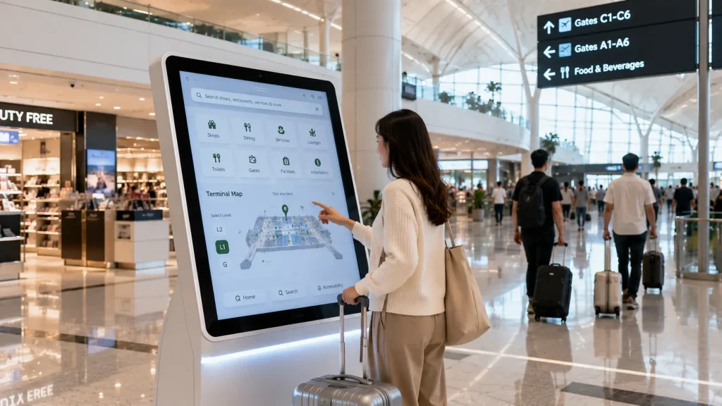Interactive touchscreen directory kiosk in a Malaysian airport retail terminal