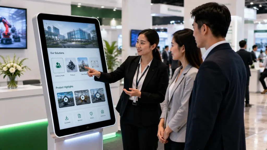 Business executives using an interactive touchscreen during an exhibition