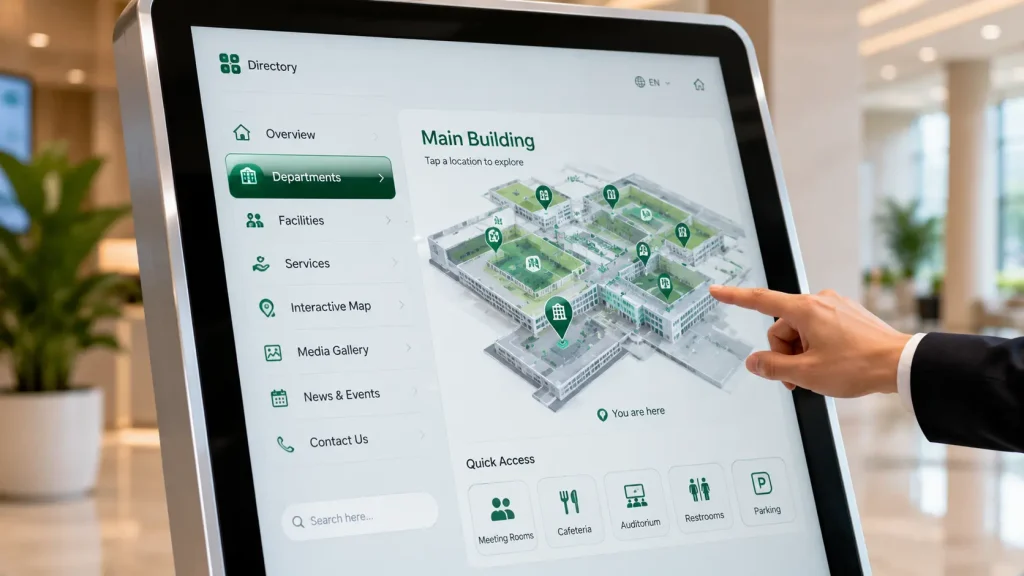 Close-up of an interactive touchscreen directory and 3D facility map