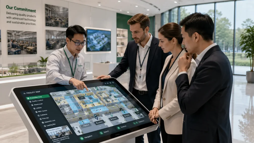 Business visitors exploring an interactive factory map in Malaysia