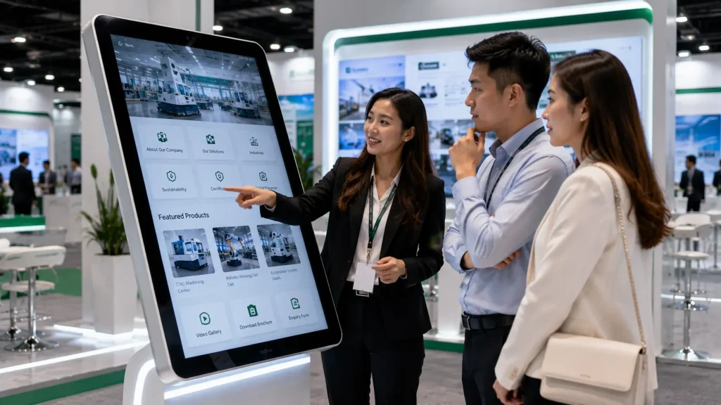 Interactive touchscreen product catalogue at an exhibition