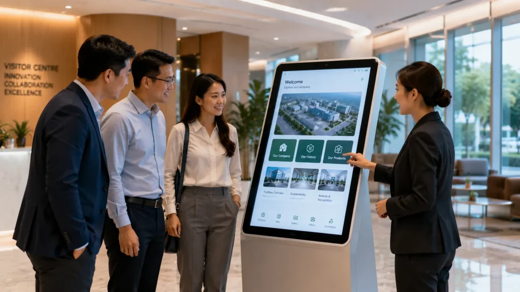 Business visitors exploring an interactive touchscreen in a manufacturing visitor centre
