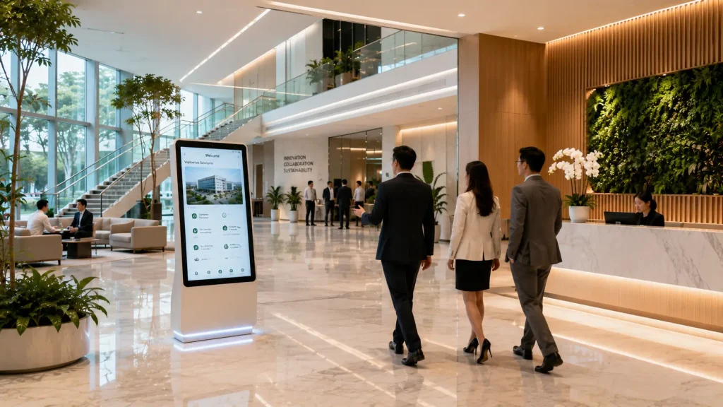 Modern corporate visitor centre with an interactive touchscreen kiosk