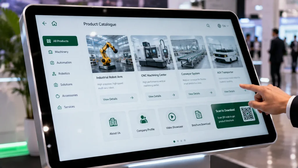 Interactive event touchscreen displaying a digital product catalogue