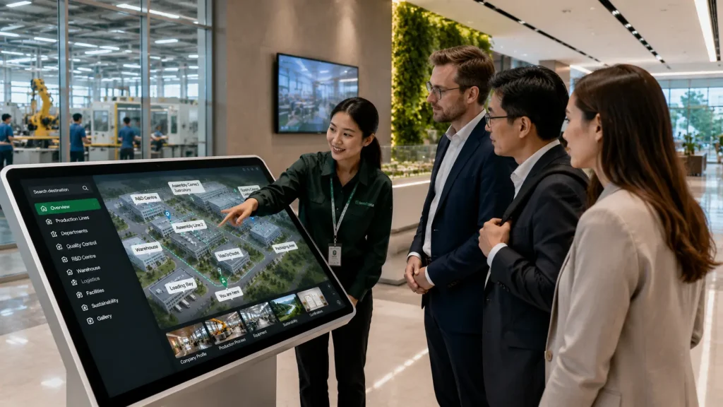 Business visitors using an interactive factory map during a manufacturing tour