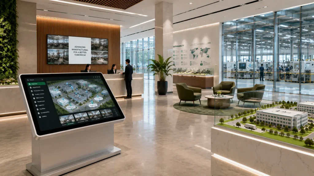 Modern manufacturing visitor centre with an interactive factory map kiosk
