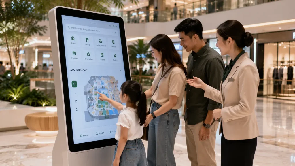 Family using an interactive touchscreen directory in a Malaysian shopping mall