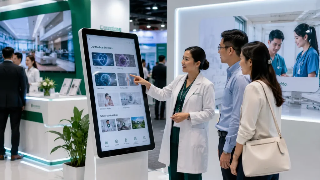 Interactive touchscreen at a healthcare exhibition in Malaysia