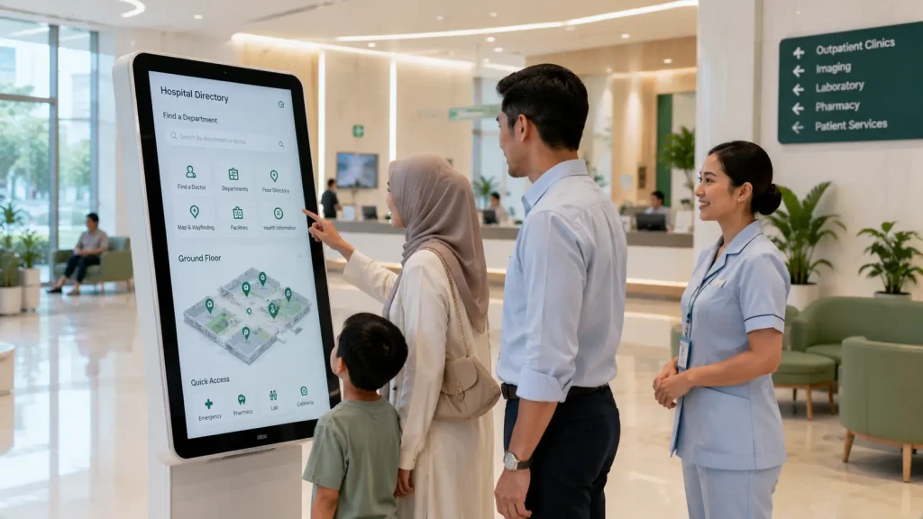 Hospital interactive touchscreen kiosk with digital directory in Malaysia