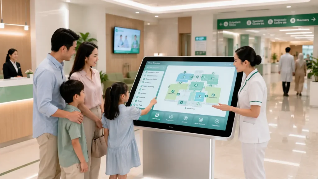 Business executive interacting with a touchscreen kiosk in a modern Malaysian office.