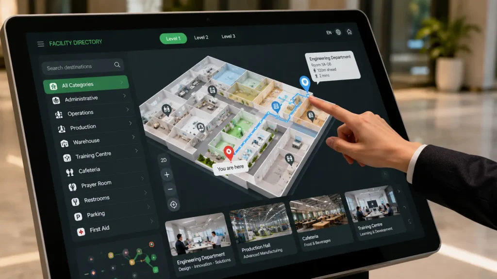 Interactive 3D building map displayed on a touchscreen kiosk