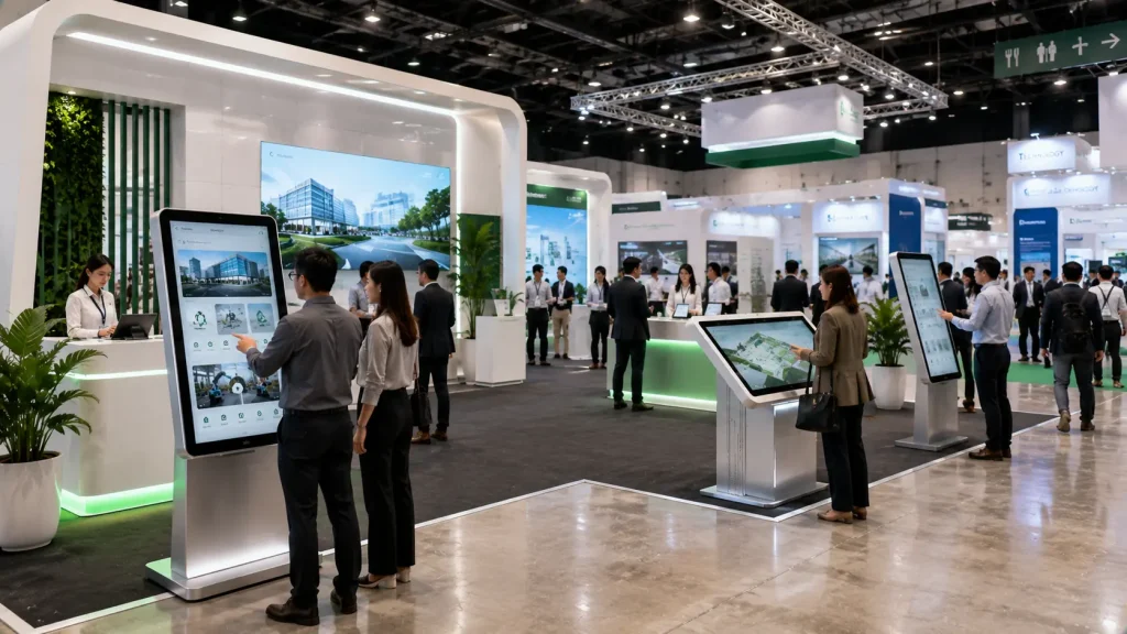 Interactive touchscreen booth at a Malaysian corporate exhibition