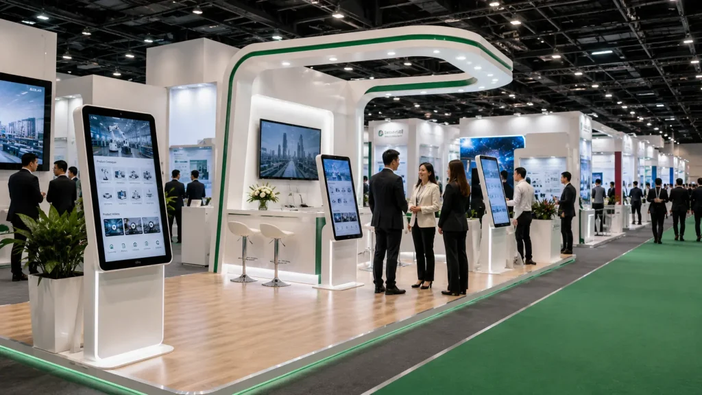 Interactive touchscreen exhibition booth at a Malaysian trade show