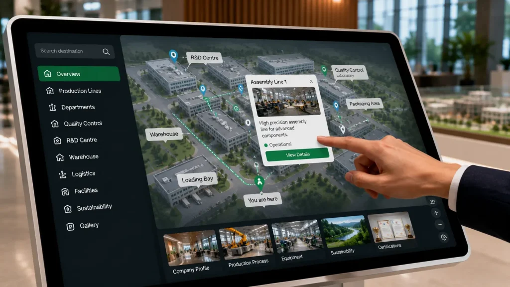 Interactive touchscreen displaying a 3D factory directory and visitor route