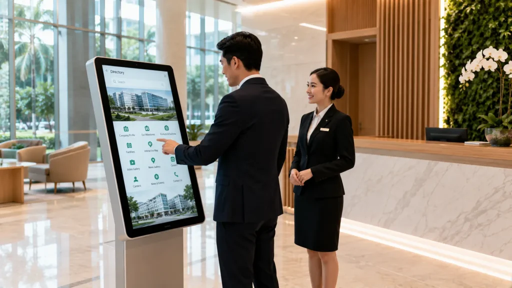 Interactive Touchscreen Kiosk Malaysia in a premium corporate lobby