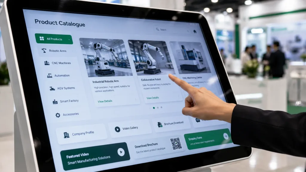 Interactive touchscreen product catalogue at an exhibition