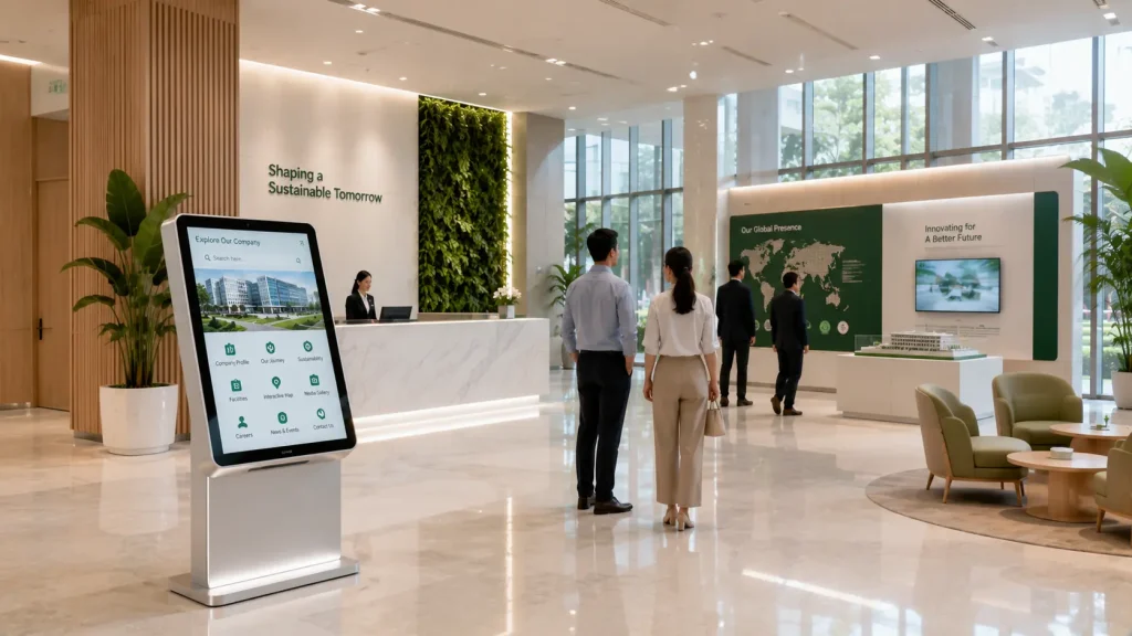 Interactive touchscreen kiosk inside a Malaysian corporate visitor centre