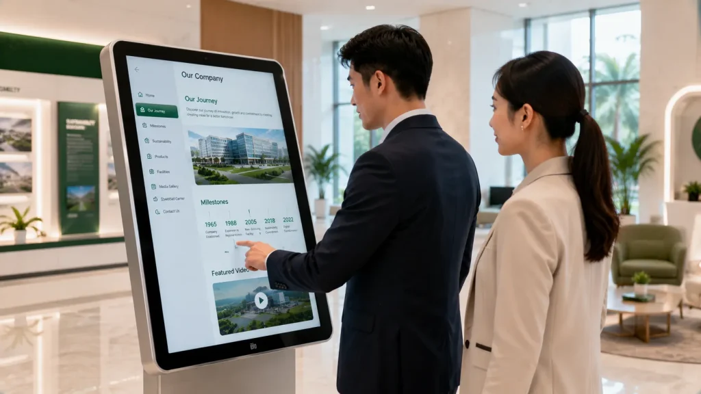 Business professionals using an interactive touchscreen kiosk in Malaysia