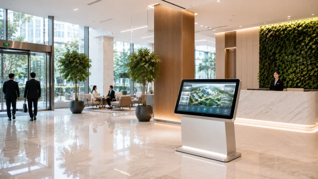 Close-up of an interactive touchscreen kiosk displaying a company directory and digital floor map.