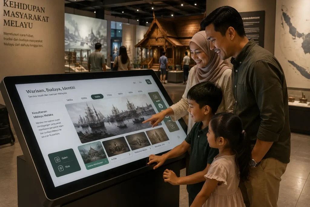 Visitors exploring a museum with interactive touchscreen exhibition displays.