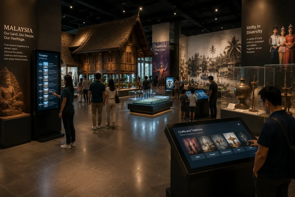 Visitors exploring a museum with interactive touchscreen exhibition displays.