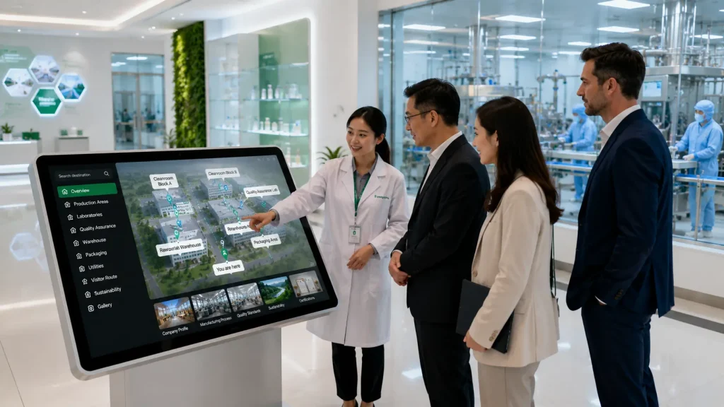 Interactive factory map used inside a pharmaceutical manufacturing visitor centre