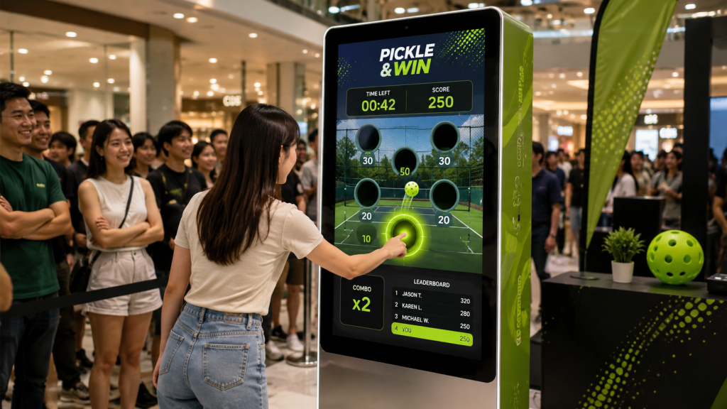 Visitor playing an interactive pickleball game on a 55-inch touchscreen kiosk during a shopping mall brand activation in Malaysia.