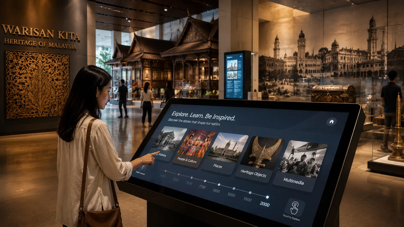 Interactive touchscreen in a modern museum presenting digital historical content and multimedia exhibits.