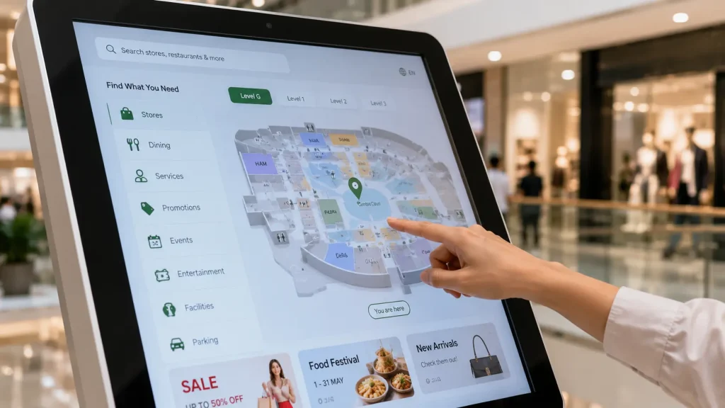 Interactive shopping mall touchscreen directory with digital wayfinding