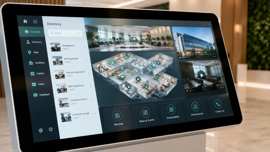 Business executive interacting with a touchscreen kiosk in a modern Malaysian office.