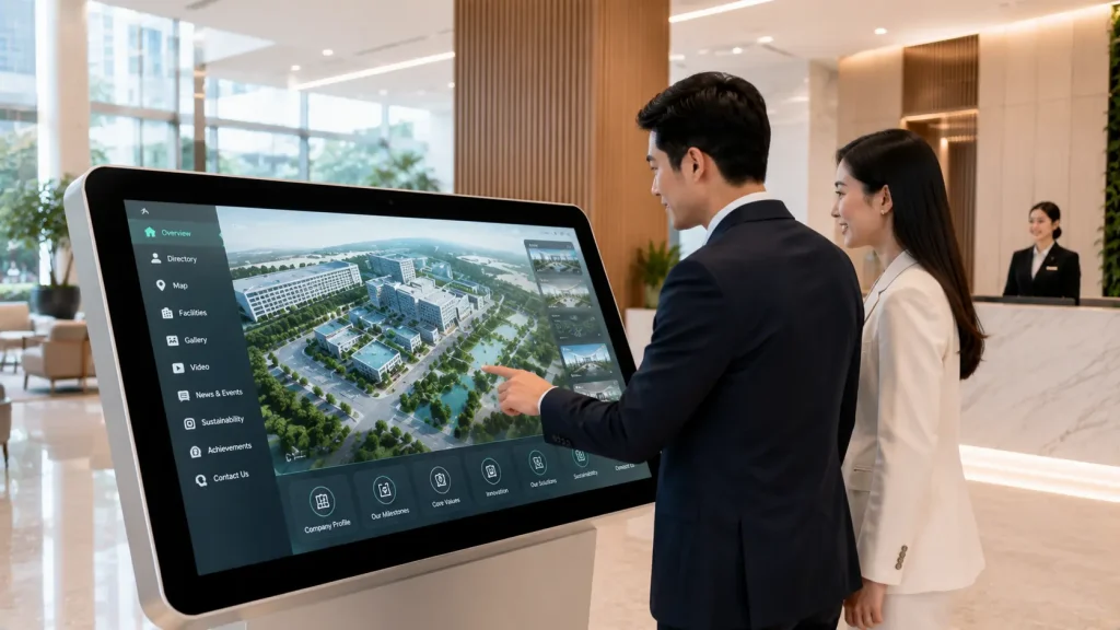 Interactive touchscreen kiosk placed in a premium Malaysian corporate reception lobby.