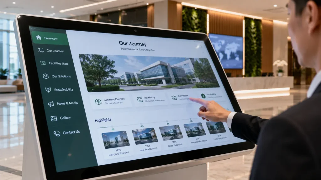 Interactive touchscreen displaying a company timeline in a visitor centre