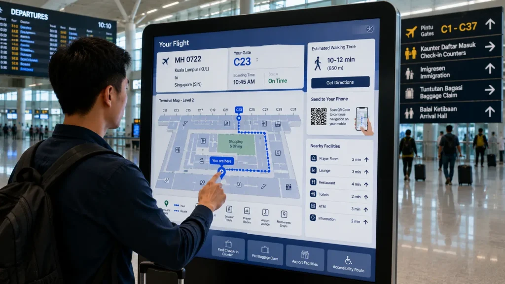 Interactive airport wayfinding screen showing a passenger's gate, route and estimated walking time.