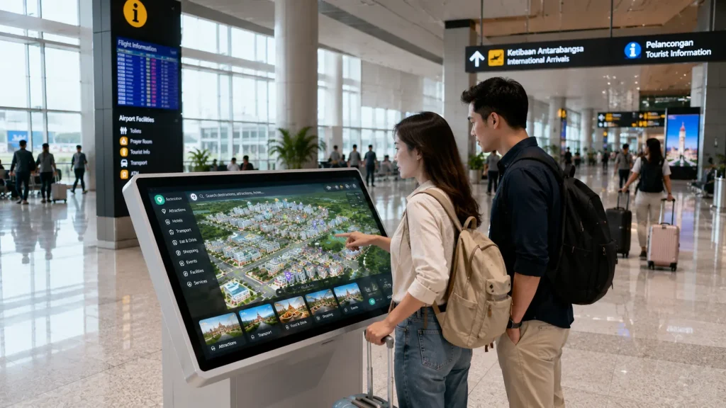 Interactive visitor information kiosk inside a modern Malaysian airport
