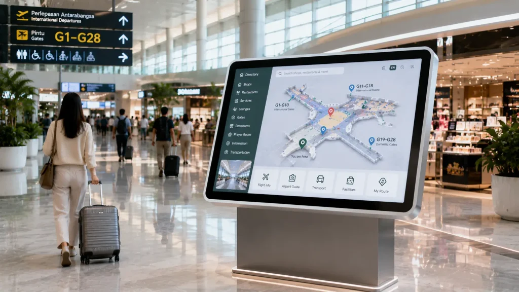 Interactive digital directory kiosk inside a Malaysian airport retail terminal