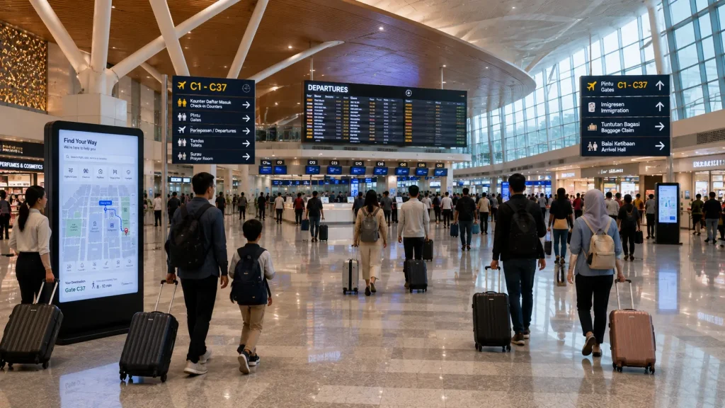 Interactive wayfinding kiosk positioned inside a busy modern airport departure terminal.