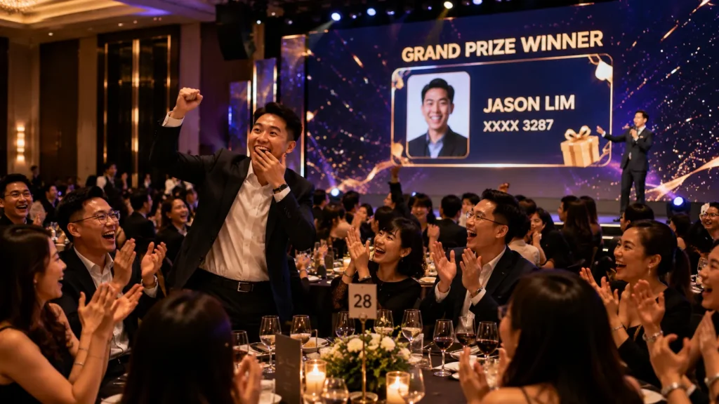 Employee celebrating after being selected as the grand prize winner through a digital annual dinner lucky draw.
