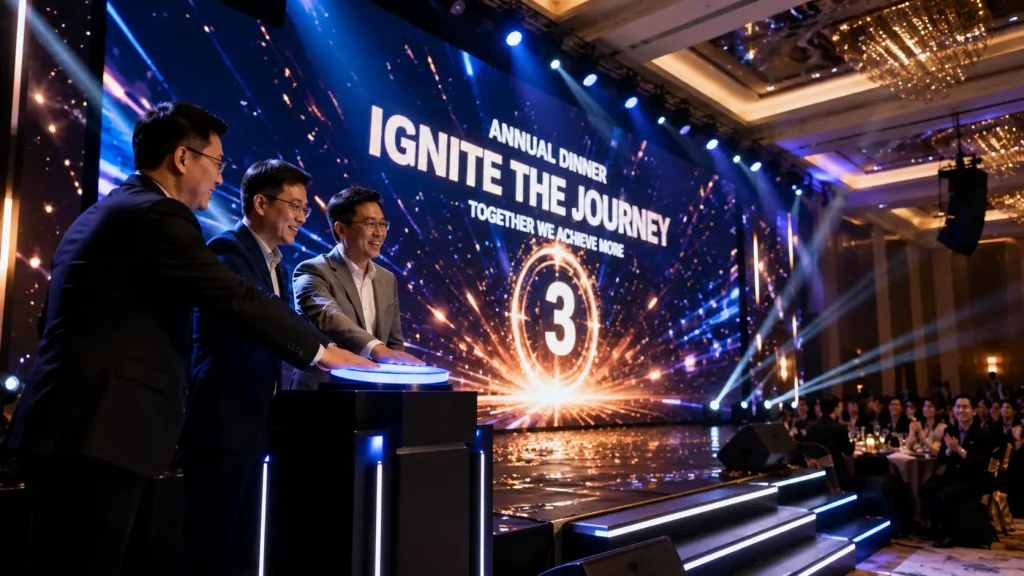 Corporate executives activating an interactive annual dinner opening gimmick connected to cinematic LED content.