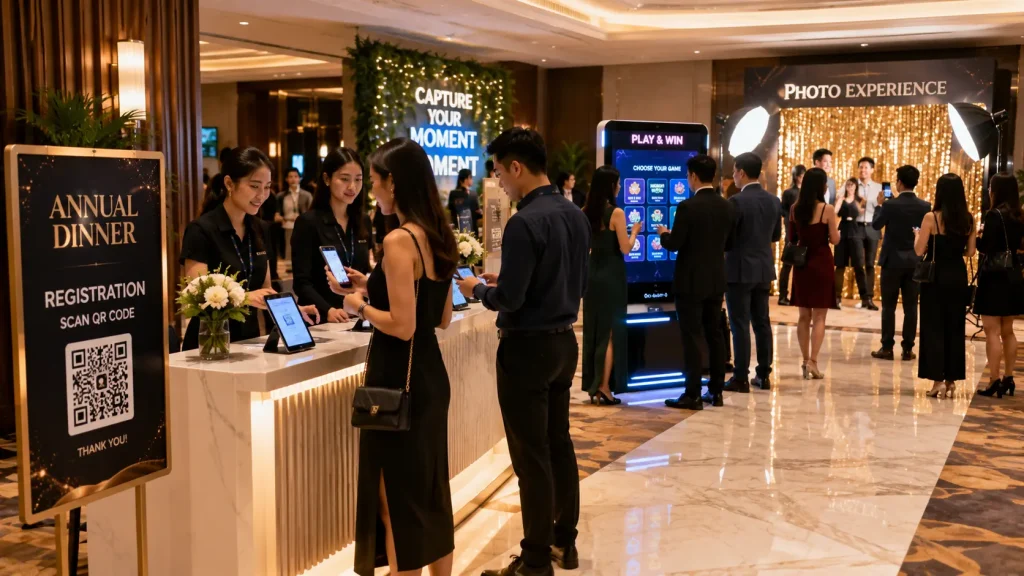 Corporate annual dinner guests using QR registration and interactive foyer activities in Malaysia.