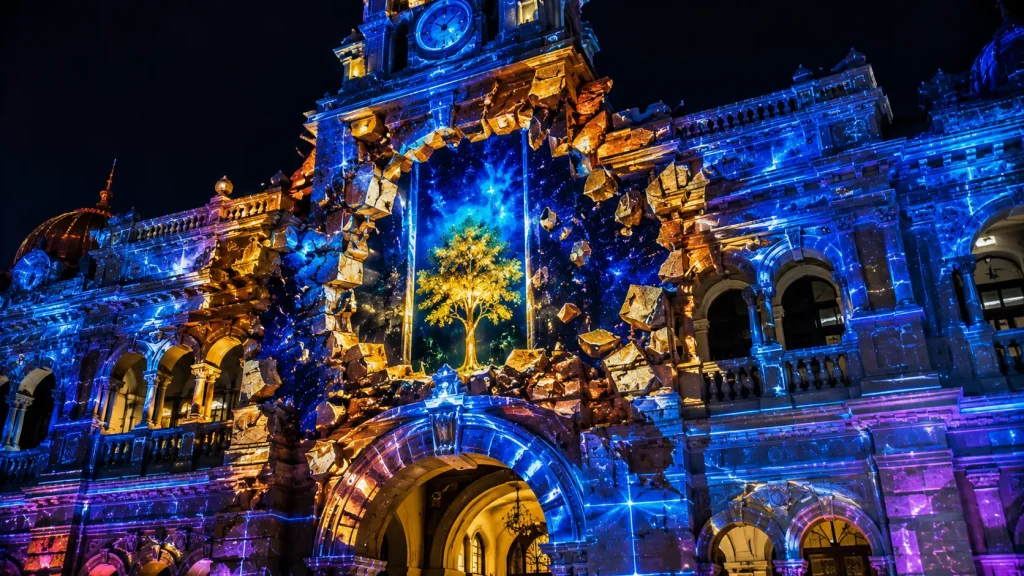 Architectural projection mapping using windows, columns and façade geometry to create mapped visual effects.