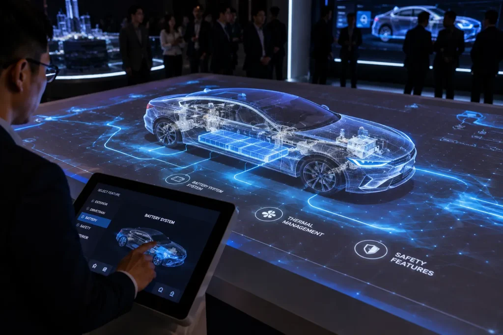 Automotive projection mapping using customised visual content aligned to a real vehicle during a product launch.